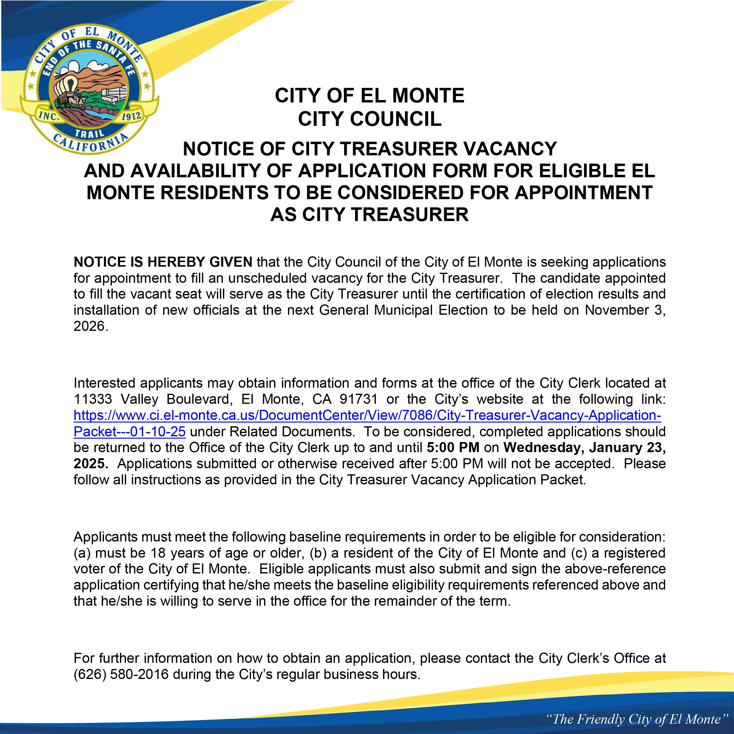 Notice of City Treasurer Application