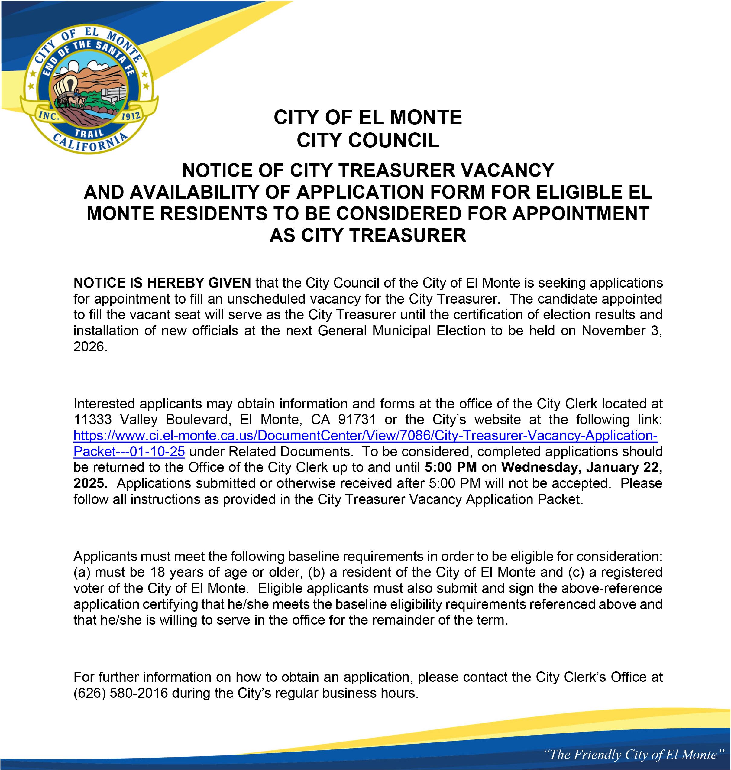 Notice of City Treasurer Application 22